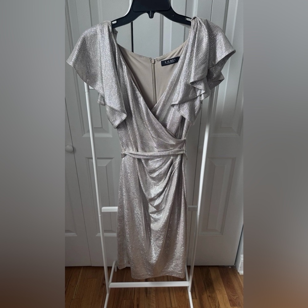 Ralph Lauren Silver Metallic Cocktail Midi Dress Size 4